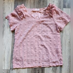 Sunebine Women's Swiss Dot Ruffle Trim Sleeve Blouse- Dusty Pink